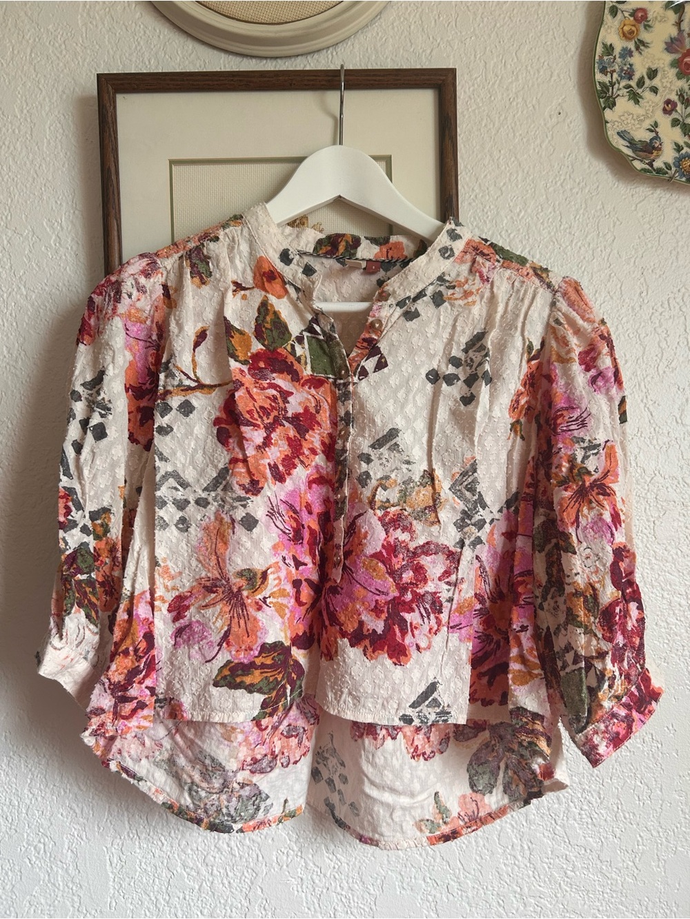 Anthropologie Floral Peasant Blouse in White